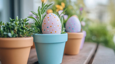 Pastel eggs hidden in potted plants on a wooden porch or patioの素材