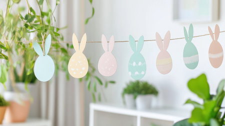 Paper Easter bunting with bunny and egg shapes hung across a decorated roomの素材