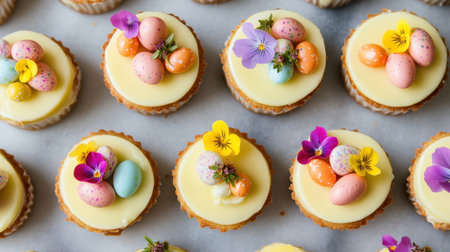 Mini cheesecakes topped with edible flowers and pastel Easter candyの素材