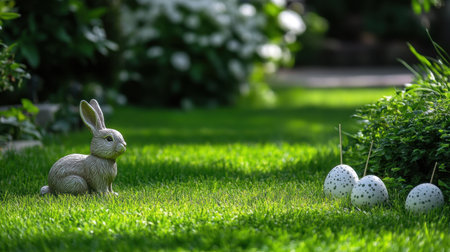 Outdoor Easter-themed garden decor with bunny statues and egg stakes in green grassの素材