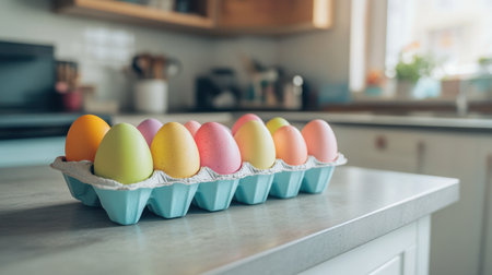 Rainbow-colored Easter eggs neatly lined up in a carton on a kitchen counterの素材