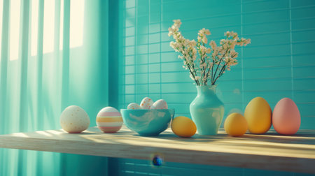 Pastel greeting card standing on wooden shelf among Easter trinketsの素材