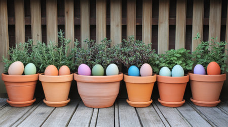 Pastel eggs hidden in potted plants on a wooden porch or patioの素材