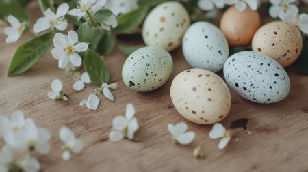 Pastel-colored Easter eggs scattered on a wooden table with small spring flowers and green leavesの素材