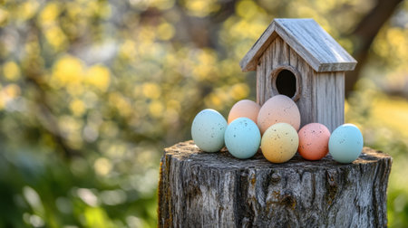 Pastel eggs beside a small birdhouse on a wooden stump in a parkの素材