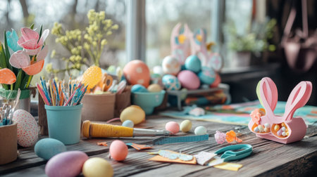 Side view of crafting desk with organized Easter tools, papers, glue gun, and pastel embellishmentsの素材