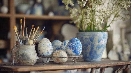 Rustic Easter DIY station with natural dye materials, brushes, and speckled eggs drying on a rackの素材