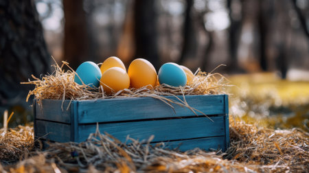 Rustic wooden crate filled with straw and pastel-colored Easter eggs outdoorsの素材