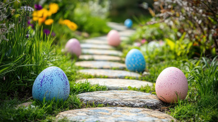 Row of decorative Easter eggs placed along garden stepping stonesの素材