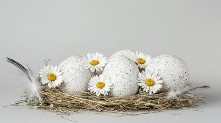 Speckled Easter eggs arranged in a nest of hay with daisies and feathersの素材