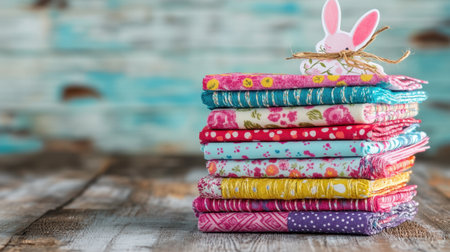 Stack of colorful greeting cards with spring patterns and bunny stickersの素材