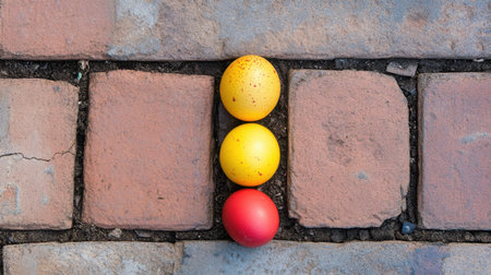 Top-down view of colorful eggs between bricks on a garden walkwayの素材