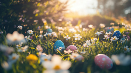 Soft light filtering through spring flowers with Easter eggs delicately resting among the petalsの素材