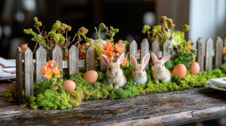 Table centerpiece with bunnies, moss, eggs, and miniature picket fencesの素材