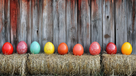 Vibrant Easter eggs positioned on top of hay bales in a rustic barnyardの素材