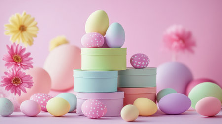 Stack of pastel Easter egg boxes with mini decorated eggs insideの素材