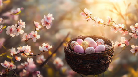 Softly lit image of a vintage Easter basket filled with eggs and surrounded by fresh spring blossomsの素材
