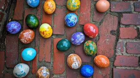Top-down view of colorful eggs between bricks on a garden walkwayの素材
