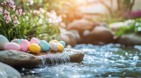 View of Easter eggs placed on flat rocks near a bubbling garden streamの素材