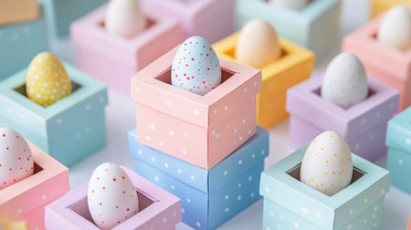 Stack of pastel Easter egg boxes with mini decorated eggs insideの素材
