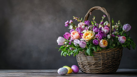 Vibrant spring flowers in full bloom surrounding a rustic Easter basket filled with pastel eggsの素材