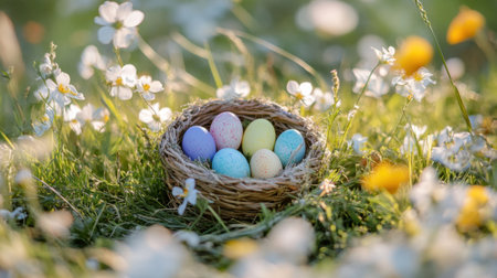 Vibrant wildflowers in spring surrounding a small basket filled with colorful Easter eggsの素材