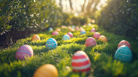 Trail of hidden Easter eggs leading into a hedge mazeの素材