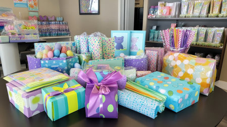 Table with Easter craft kits including patterned paper, glue sticks, foam shapes, and ribbonsの素材