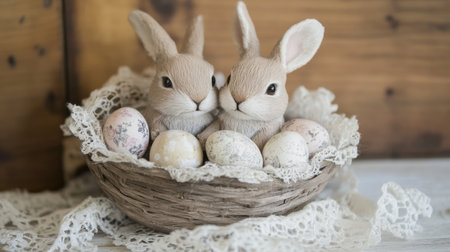 Vintage-style Easter bunny toys in an antique basket with lace and eggsの素材