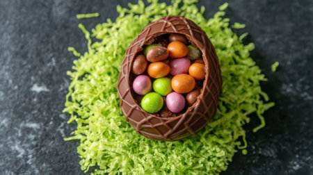 Chocolate egg filled with smaller treats placed on a bed of green shredded candyの素材