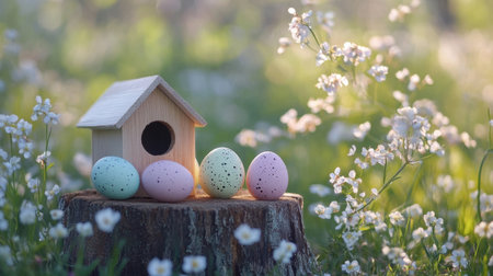 Pastel eggs beside a small birdhouse on a wooden stump in a parkの素材