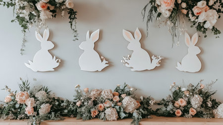 Easter bunny silhouette cutouts on a wall surrounded by floral arrangementsの素材