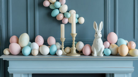 Easter mantel display with bunny statues, egg garland, and pastel candleholdersの素材