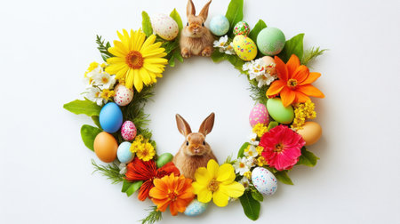 Spring wreath made of vibrant flowers, greenery, and Easter-themed accents like bunnies and eggsの素材