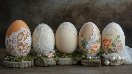 Collection of vintage-style decorated Easter eggs with lace and pearlsの素材