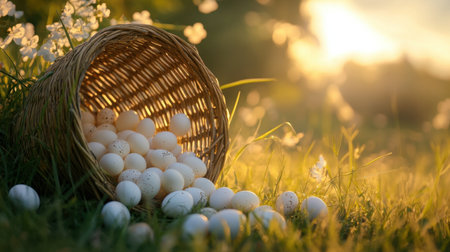 Basket overturned with eggs spilling across a grassy meadow in springの素材