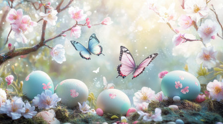 A springtime setting with pastel eggs, blooming flowers, and delicate butterflies resting on the petalsの素材