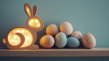Bunny-shaped LED lamp glowing softly next to pastel eggs on a shelfの素材