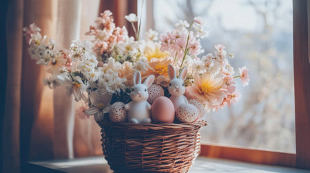 Basket filled with mini bunnies, eggs, and spring flowers on a light tableの素材