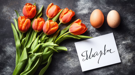 Card with minimalist egg outline and cursive message displayed with tulip bouquetの素材