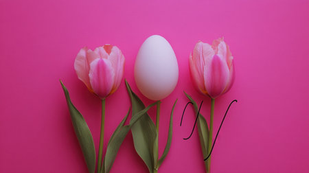Card with minimalist egg outline and cursive message displayed with tulip bouquetの素材