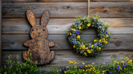 Bunny-shaped wreath with Easter flowers hanging on a rustic wooden doorの素材