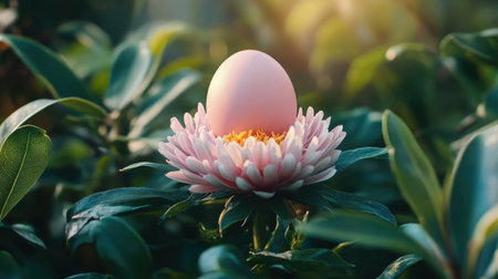 A soft pastel Easter egg placed gently on a freshly bloomed flower with green leaves around itの素材