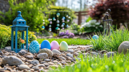 Colorful Easter eggs beside wind chimes and garden lanterns in a backyardの素材