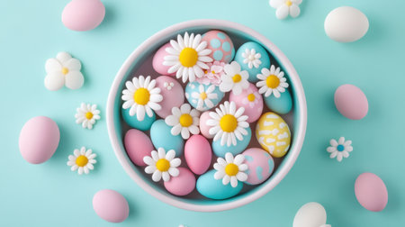 Bowl of tiny quail-sized Easter eggs decorated with delicate detailの素材