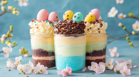 Easter dessert jars layered with cake, mousse, and mini egg toppingsの素材