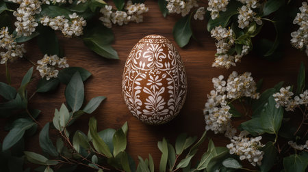 Decorative Easter egg placed on a wooden table surrounded by spring foliage and flowersの素材