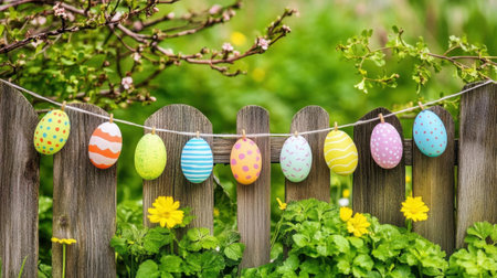 Easter egg garland draped across a fence, surrounded by bright green spring foliage and flowersの素材
