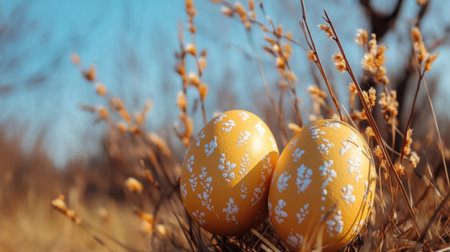Decorative eggs peeking out from behind tall ornamental grassの素材
