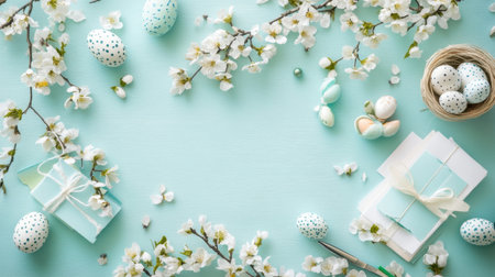 DIY Easter card materials spread on table papers, glue, scissors, markersの素材